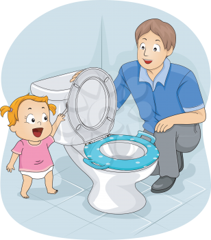 Illustration of a Father Teaching His Young Daughter How to Flush the Toilet