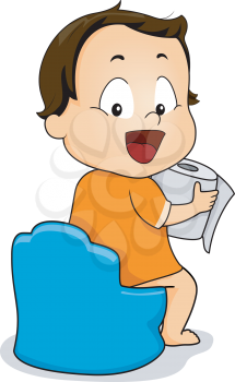 Illustration of a Young Boy Holding a Roll of Toilet Paper While Sitting on a Potty