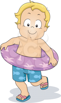 Illustration of a Young Boy with a Colorful Lifebuoy Wrapped Around His Waist