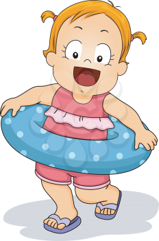 Illustration of a Young Girl with a Colorful Lifebuoy Wrapped Around Her Waist