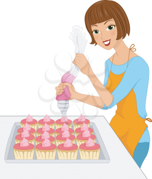 Illustration of a Girl Applying Icing on Cupcakes