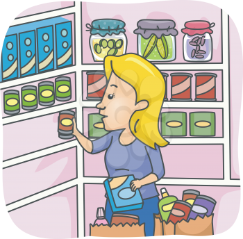 Illustration of a Woman Stocking Her Pantry with Goods
