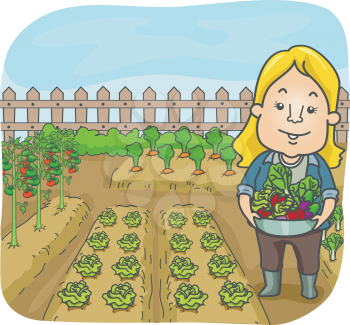 Illustration of a Woman Carrying Fruits and Vegetables Harvested from Her Garden