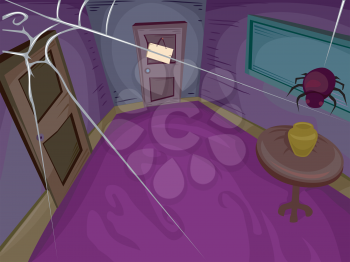 Halloween Illustration of a Spider Spinning a Web Above a Spooky Room