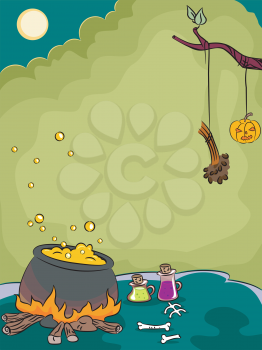 Halloween Illustration of a Cauldron Filled with Boiling Chemicals