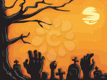 Halloween Illustration of Hands Protruding from the Ground in a Creepy Graveyard