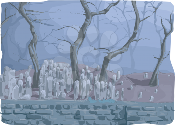 Illustration of a Cemetery Half-filled with Gravestones and Framed by Dead Trees Wrapped in a Thick Mist