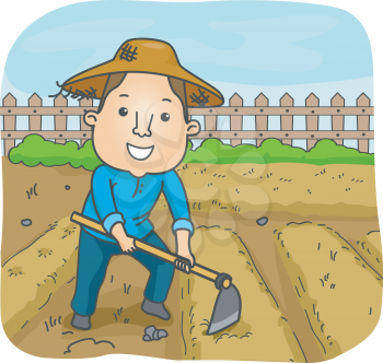 Illustration of a Male Farmer Using a Hoe to Cultivate a Garden Plot