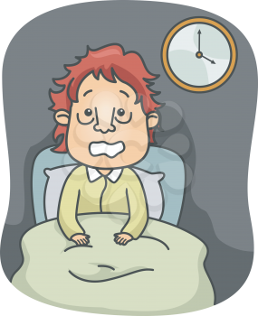 Illustration of a Man with Puffy Eyebags Sitting on His Bed Wide Awake