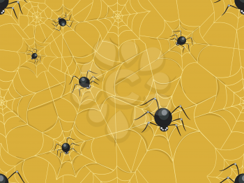 Seamless Illustration Featuring a Group of Spiders Making a Network of Spiderwebs