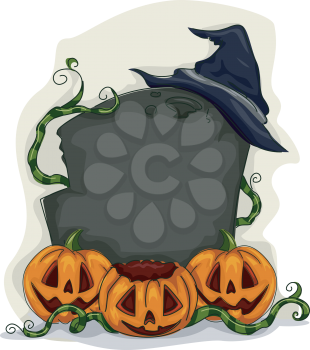 Halloween Illustration of a Blank Tombstone Surrounded by Jack-o'-Lanterns and Vines