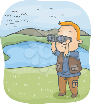 Illustration of a Man Using a Pair of Binoculars to Observe Birds