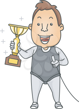 Illustration of a Fencer Holding a Fencing Sword in One Hand and a Trophy in the Other