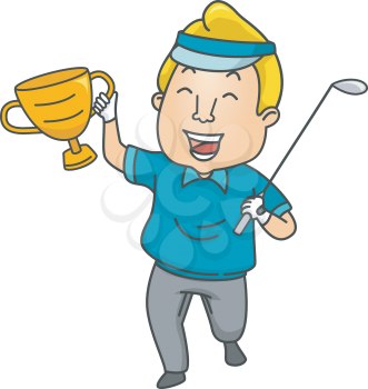 Illustration of a Man Holding a Golf Club in One Hand and a Trophy in the Other