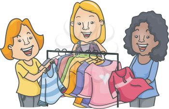 Illustration of Women Standing Near a Clothes Rack Swapping Clothes