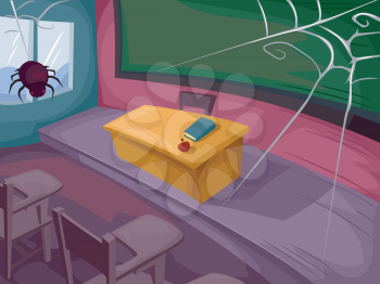 Halloween Illustration of a Classroom Littered with Spiderwebs