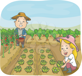 Illustration of a Man and a Woman Harvesting Fruits and Vegetables from Their Garden