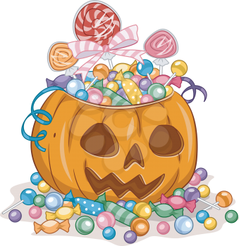 Illustration of a Jack-o'-Lantern Filled with Candies Gathered from Trick or Treating