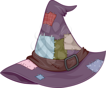 Illustration of a Tattered Witch Hat Covered in Patches