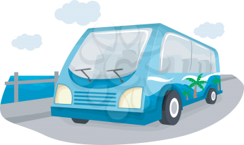 Illustration of a Tour Bus with a Beach Scene Displayed on its Body