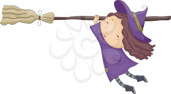 Halloween Illustration of a Little Girl Dressed as a Witch Clinging Onto a Broomstick