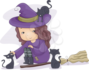Halloween Illustration of a Little Girl Dressed as a Witch Playing with Black Cats