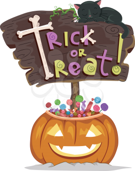 Halloween Illustration of a Signboard Saying Trick or Treat Sitting on a Jack-o'-Lantern Filled with Treats