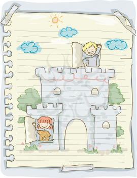 Illustration Featuring a Torn Piece of Paper with Doodles of Children Playing in a Castle