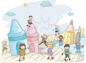 Doodle Illustration Featuring Kids Playing Around Giant Crayons