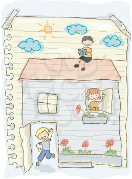 Illustration Featuring a Torn Piece of Paper with Doodles of Children Playing House
