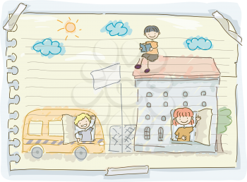 Illustration Featuring a Torn Piece of Paper with Doodles of Children and a School Bus