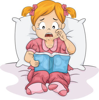 Illustration of a Little Girl Crying Over the Book She is Reading