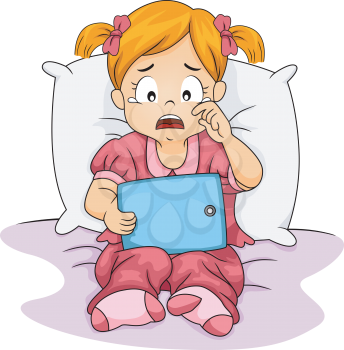 Illustration of a Little Girl Crying While Holding a Tablet Computer