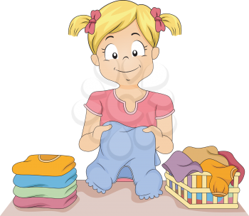 Illustration of a Little Girl Folding a Stack of Clothes