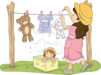 Illustration of a Little Girl Hanging Her Stuffed Toys to Dry