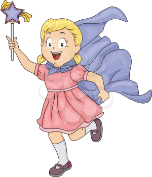 Illustration of a Little Girl Wearing a Cape Wielding a Magic Wand