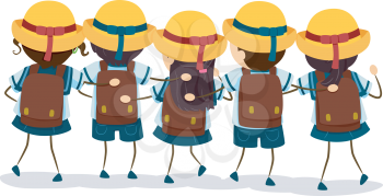 Back View Illustration of Japanese Grade Schoolers in Their Uniforms