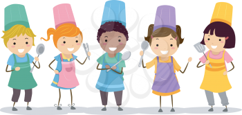 Illustration of Kids Wearing Toques and Aprons Holding Cooking Utensils