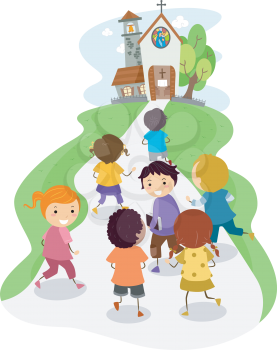 Illustration of Kids Heading Towards the Direction of a Church
