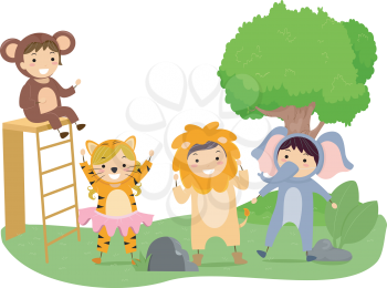 Illustration of Kids Performing on a Play With a Jungle Theme