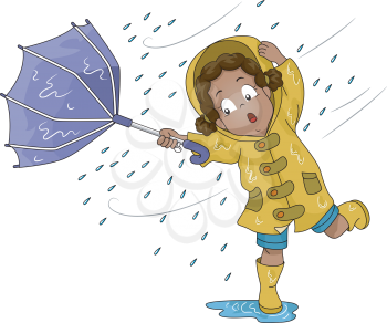 Illustration of a Little Girl Holding an Umbrella Upturned by Poweful Winds