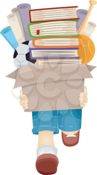 Illustration of a Boy Carrying a Box Filled with Books and Toys