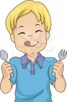 Illustration of a Little Boy Holding a Spoon and Fork Eagerly Awaiting Dinner
