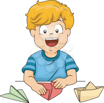 Illustration of a Little Kid Folding Pieces of Paper into Different Shapes