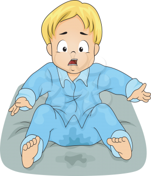 Illustration of a Little Boy Shocked to See He Has Wetted His Bed
