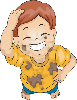 Illustration of a Boy Wearing Muddy Clothes Grinning While Scratching His Head