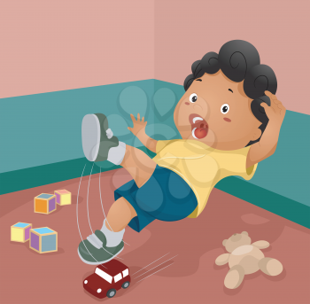 Illustration of a Boy Slipping After Stepping on a Toy