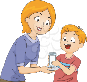 Illustration of a Mother Handing a Glass of Milk to Her Son