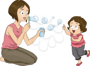 Illustration of a Mother Blowing Bubbles with Her Daughter