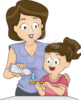 Illustration of a Mother Teaching Her Daughter How to Brush Her Teeth